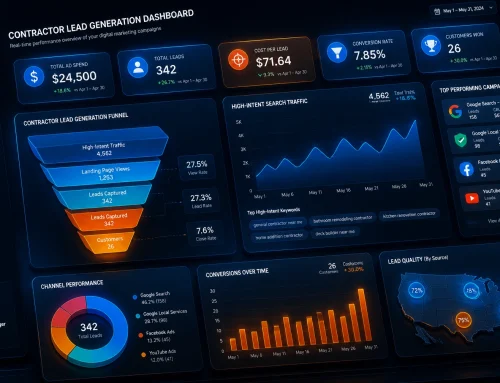 Contractor lead generation dashboard showing high-intent search traffic, conversion rates, and lead quality