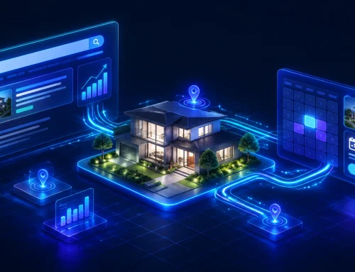 Isometric 3D real estate campaign structure showing search data, location signals, and property conversion paths