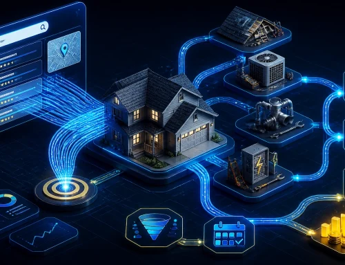 Isometric 3D illustration of contractor services connected to local search, calls, and booked jobs
