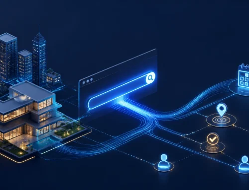 Isometric 3D illustration of real estate search traffic flowing through location targeting and appointment conversion points