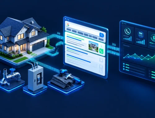 Isometric 3D campaign visual showing a local service business connected to a Google search ad and performance dashboard