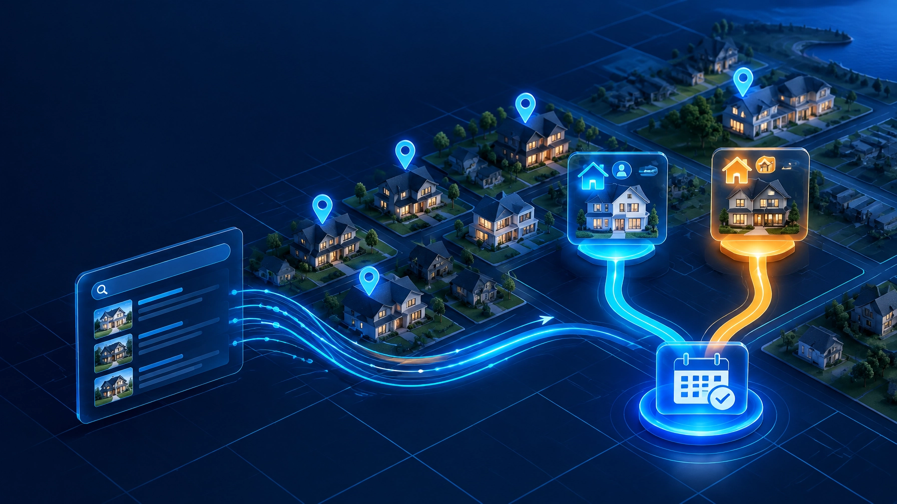 Isometric 3D illustration of real estate search traffic connecting with local listings and consultation requests
